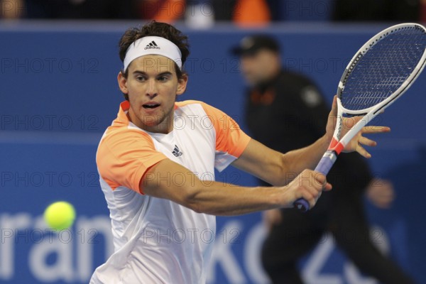 Sofia, Bulgaria - February 9, 2017: Dominic Thiem (pictured) from Austria plays against Nikoloz Basilashvili from Georgia during a match from Sofia Open 2017 tennis tournament