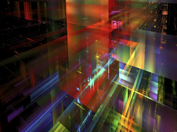 Colourful vittual reality, science fiction or future technology background. Fractal - computer generated 3d illustration. Walls of glass blocks or street of futuristic city