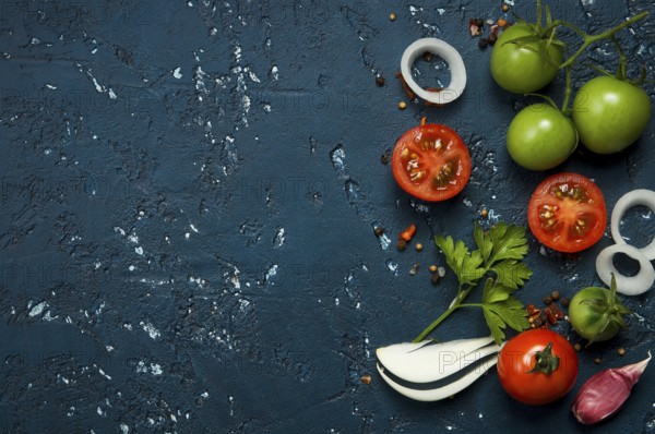 Vegetables background. Fresh vegetables (garlic, tomatoes, onions) on a dark embossed surface. View from above. Copy space