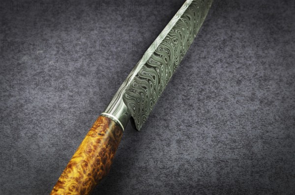 Beautiful luxurious utility knife in Texas Wind damask pattern with noble wood handle on dark background