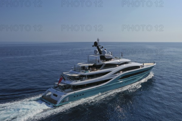 Aerial view of the 77-metre motor yacht GO, delivered in 2018 by the Turkish shipyard Turquoise Yachts to the Swiss billionaire Hans Peter Wild, design: H2 Yacht Design