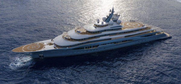 Aerial view of 136 metre superyacht Flying Fox, delivered in 2019 by the Bremen shipyard Lürssen Yachts for the Russian oligarch Dmitry Kamenshik, here at anchor off the Principality of Monaco, Mediterranean Sea