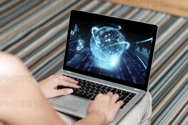 Woman Sitting With Laptop Upper Back View Working From Home