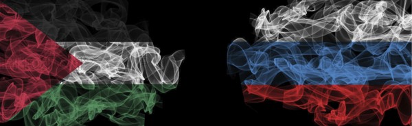 Flags of Palestine and Russia on Black background, Palestine vs Russia Smoke Flags
