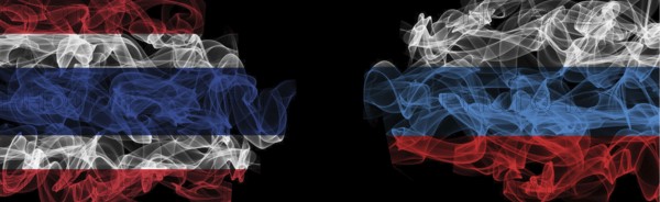 Flags of Thailand and Russia on Black background, Thailand vs Russia Smoke Flags