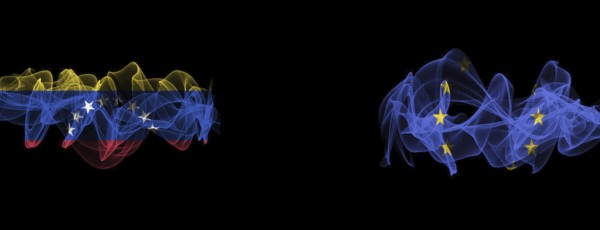 Flags of Venezuela and the EU on a black background, Venezuela vs Europe Union Smoke Flags