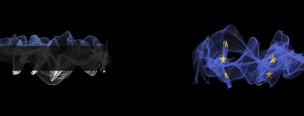 Flags of Estonia and the EU on a black background, Estonia vs European Union smoke flags