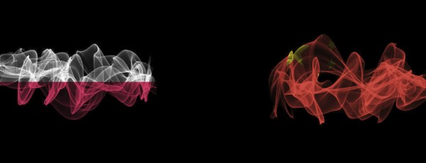 Flags of Poland and China on Black background, Poland vs China Smoke Flags