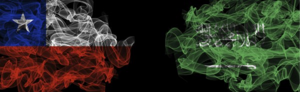 Flags of Chile and Saudi Arabia on Black background, Chile vs Saudi Arabia Smoke Flags