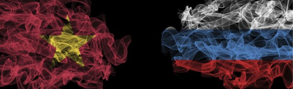 Flags of Vietnam and Russia on Black background, Vietnam vs Russia Smoke Flags