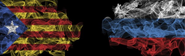 Flags of Catalonia and Russia on Black background, Catalonia vs Russia Smoke Flags