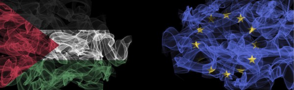 Flags of Palestine and EU on Black background, Palestine vs Europe Union Smoke Flags