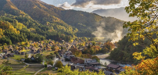 Shirakawago village Gifu Japan panorama, Historical Japanese traditional Gassho house at Shirakawa village in autumn foliage season