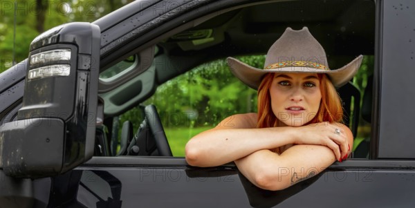 A beautiful redhead model sits in her truck while wearing a cowboy hat on her farm