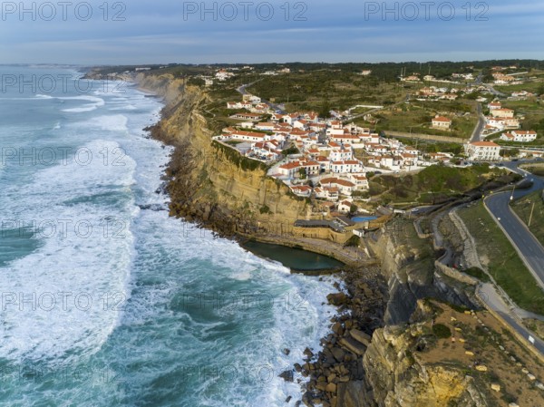 Aerial view of beautiful coastal town Azenhas do Mar in Portugal. The picturesque town on the Atlantic ocean