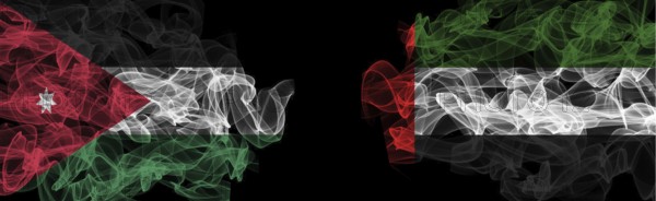 Flags of Jordan and UAE on Black background, Jordan vs United Arab Emirates Smoke Flags