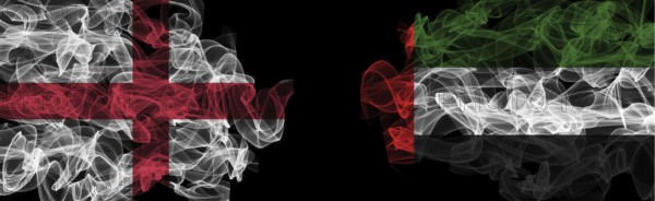 Flags of England and UAE on Black background, England vs United Arab Emirates Smoke Flags