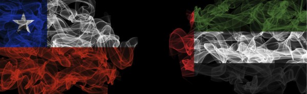 Flags of Chile and UAE on Black background, Chile vs United Arab Emirates Smoke Flags