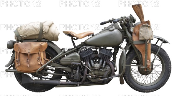 A Vintage Green US World War II Army Motorcycle, With Rifle, Isolated On A White Background