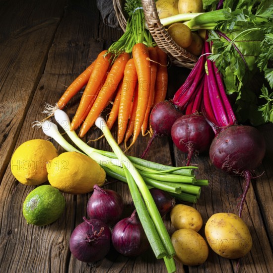 Basket with various vegetables: beetroot and carrots