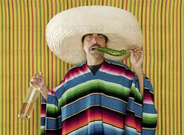 Mexican mustache chili drunk tequila sombrero man typical Mexico