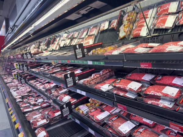 Calgary, Alberta, Canada. Feb 8, 2024. The meat department of a supermarket, complete with both self-service and traditional behind-the-counter offerings