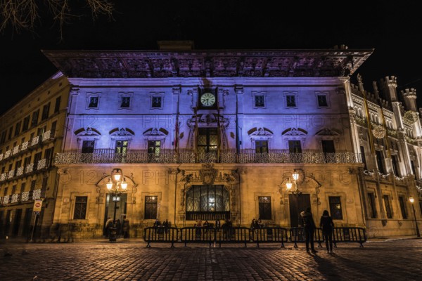 Palma de Mallorca, Mallorca, Spain, 12 28 2017: Historical buildings in old town by night, Europe