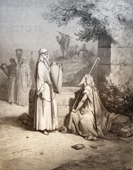 Eliezer and Rebekah at the well, woodcut by Gustave Doré