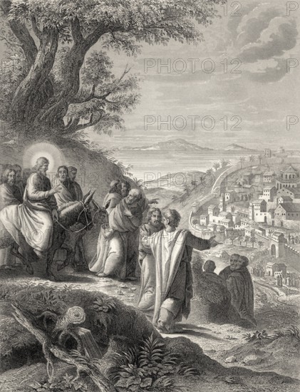 Jesus riding a donkey to Jerusalem, New Testament, steel engraving 1853, digitally restored