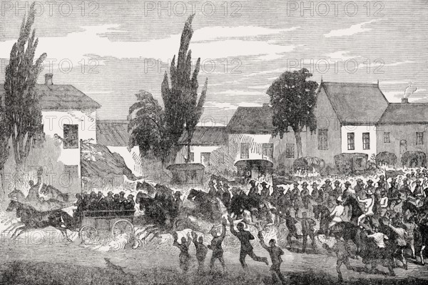 Volunteers driving to the front, Xhosa Wars, South Africa, 19th century, From British Battles on Land and Sea, by James Grant, Africa