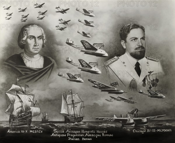 Italian heroes, side by side comparison between Italo Balbo, an fascist, politician, Italy's Marshal of the Air Force and Christopher Columbus, Fascist pamphlet, 1933, digitally optimized