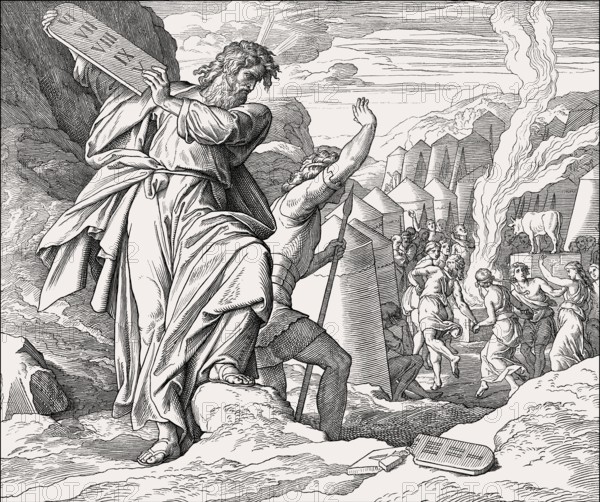 Moses destroying the tables, Golden Calf, Old Testament, by Julius Schnorr von Carolsfeld, 1860