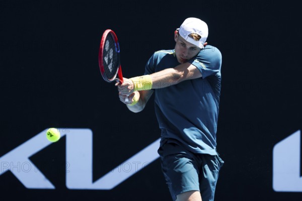 MELBOURNE, AUSTRALIA, JANUARY 11: Zizou Bergs of Belgium on his way to beating Joris De Loore of Belgium in qualifying for the 2024 Australian Open at Melbourne Park on January 11, 2024 in Melbourne, Australia, Oceania