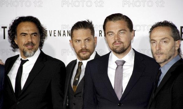 HOLLYWOOD, CA, Alejandro Gonzalez Inarritu, Emmanuel Lubezki, Leonardo DiCaprio and Tom Hardy at the Los Angeles premiere of 'The Revenant' held at the TCL Chinese Theatre in Hollywood, USA on December 16, 2015., Hollywood, California, USA, North America