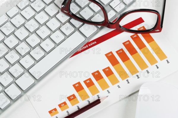 Business workplace with keyboard glasses and financial documents on table
