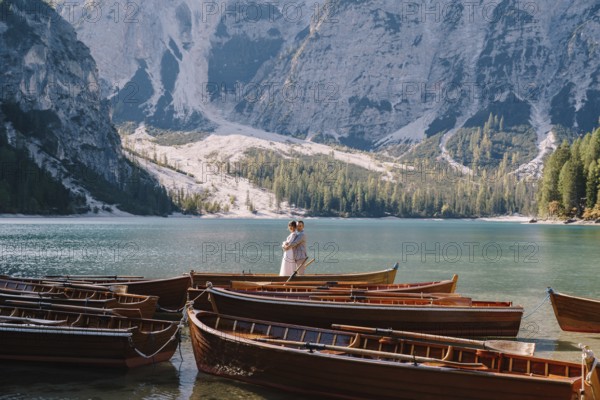 Bride and groom sailing in wooden boat, with oars at Lago di Braies lake in Italy. Wedding in Europe - Newlyweds are standing embracing in a boat