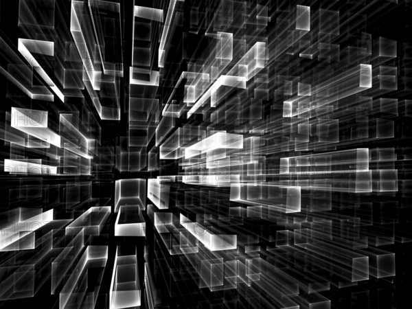 Abstract tecnology background - computer-generated 3d illustration. Fractal geometry: glass rectangles, stretching to the horizon. Industrial, technology or virtual reality concept
