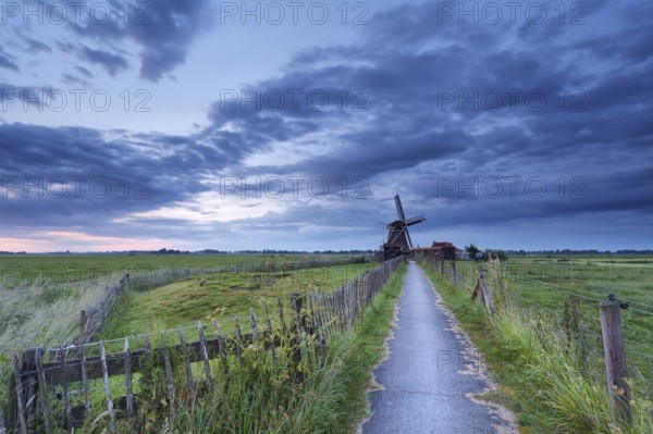 Dutch farmland with windmill in morning, Netherlands