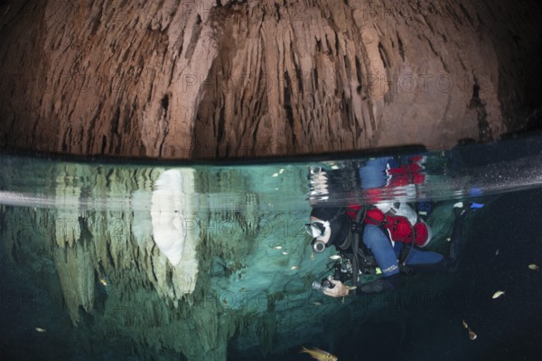 Diver in Bat Cave Cenote, Playa del Carmen, Yucatan Peninsula, Mexico, Central America