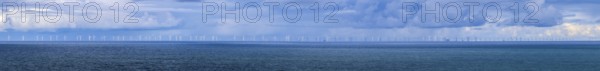 Panoramic photo offshore wind farm in the middle of the deep blue North Sea, photographed from Oberland, Helgoland, North Sea, Pinneberg district, Schleswig-Holstein, Germany, Europe