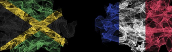Flags of Jamaica and France on Black background, Jamaica vs France Smoke Flags
