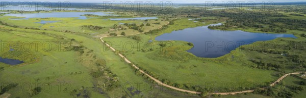 Panorama areal view of green rural landscape with lakes near Mompos, Colombia, South America