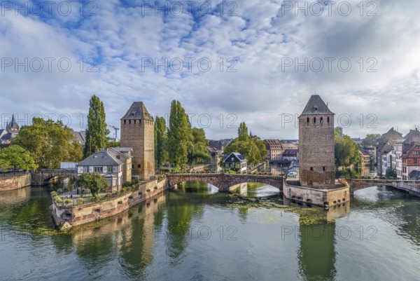 View of medieval bridge Ponts Couverts from the Barrage Vauban in Strasbourg, France, Europe