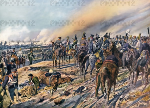 Karl Philipp, Fürst zu Schwarzenberg or Charles Philip, Prince of Schwarzenberg, and the allied princes on Monarch Hill on the evening of 18 October 1813, Battle of the Nations near Leipzig, German Wars of Liberation 1813-1815, Colour print after Richard Knötel, Karl Philipp Fürst zu Schwarzenberg und die verbündeten Fürsten auf dem Monarchenhügel am Abend des 18. Oktober 1813, Völkerschlacht bei Leipzig, Befreiungskriege 1813-1815, Farbdruck nach Richard Knötel