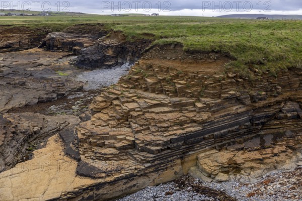 Tilted Devonian sandstone layers, sheltered bay of Skiba Geo, Northside, Mainland Orkney, Scotland, Great Britain