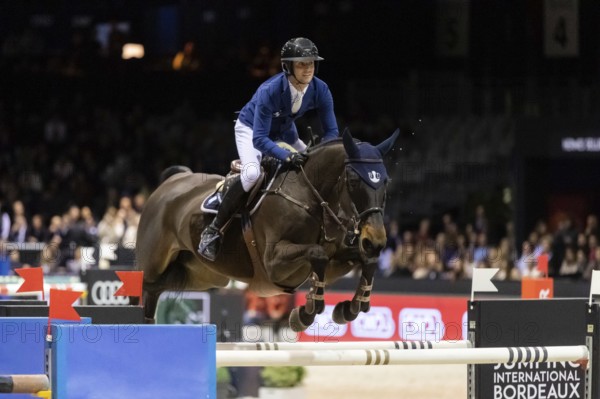 Julien Gonin of France competes in the equestrian Audi Grand Prix at Jumping International Bordeaux, in Bordeaux, France, Europe
