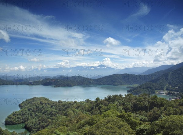A view of the beautiful Sun Moon Lake in Taiwan with the Central Mountains in the back
