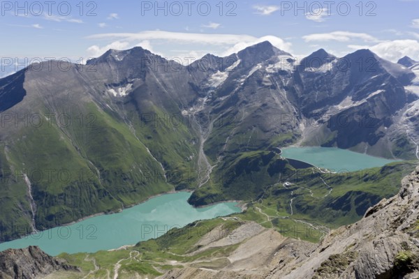 Wasserfallboden and Mooserboden, high mountain reservoirs of Kaprun in front of Großes Wiesbachhorn, left Hoher Tenn, from Kitzsteinhorn, Kaprun, Hohe Tauern, Salzburger Land, Austria, Europe