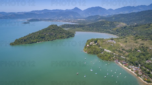 Panoramic aerial view of the coast near Tarituba with wonderful bays, islands, green mountains and beaches, Green coast, Brazil, South America