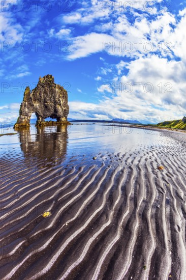 Rock Hvitserkur in the form of a huge mammoth on the sea beach. The north coast of Iceland. The concept of extreme northern tourism. Ocean tide at sunset